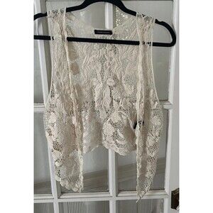 Cream Crochet Vest Cotton Express Women's Medium Cottagecore Western Cowgirl